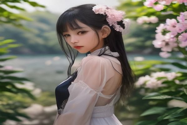 美女在绿色草坪花园中漫步，庭院景观优美自然