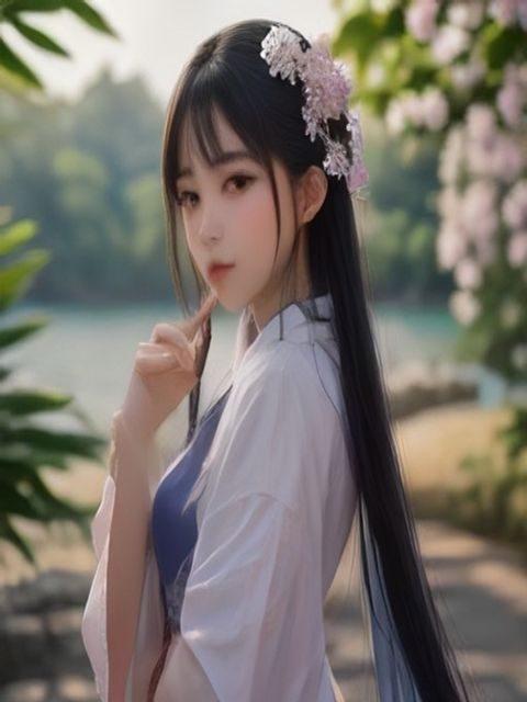 美女站在被草坪环绕的庭院花园中，绿意盎然景色优美